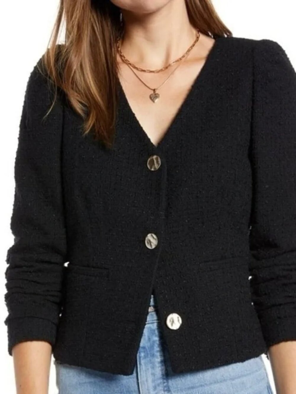 SOMETHING NAVY Blazer Womens Small Blue Tweed Boucle Gold Cropped Lined Jacket